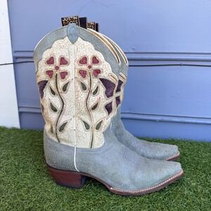 Vintage Justin Boots Womens 8.5 B Blue Suede Floral Embroidered Western Cowgirl